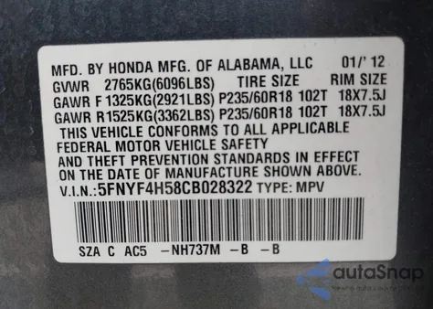 2012 Honda Pilot Ex-L from USA, damaged, VIN 5FNYF4H58CB028322
